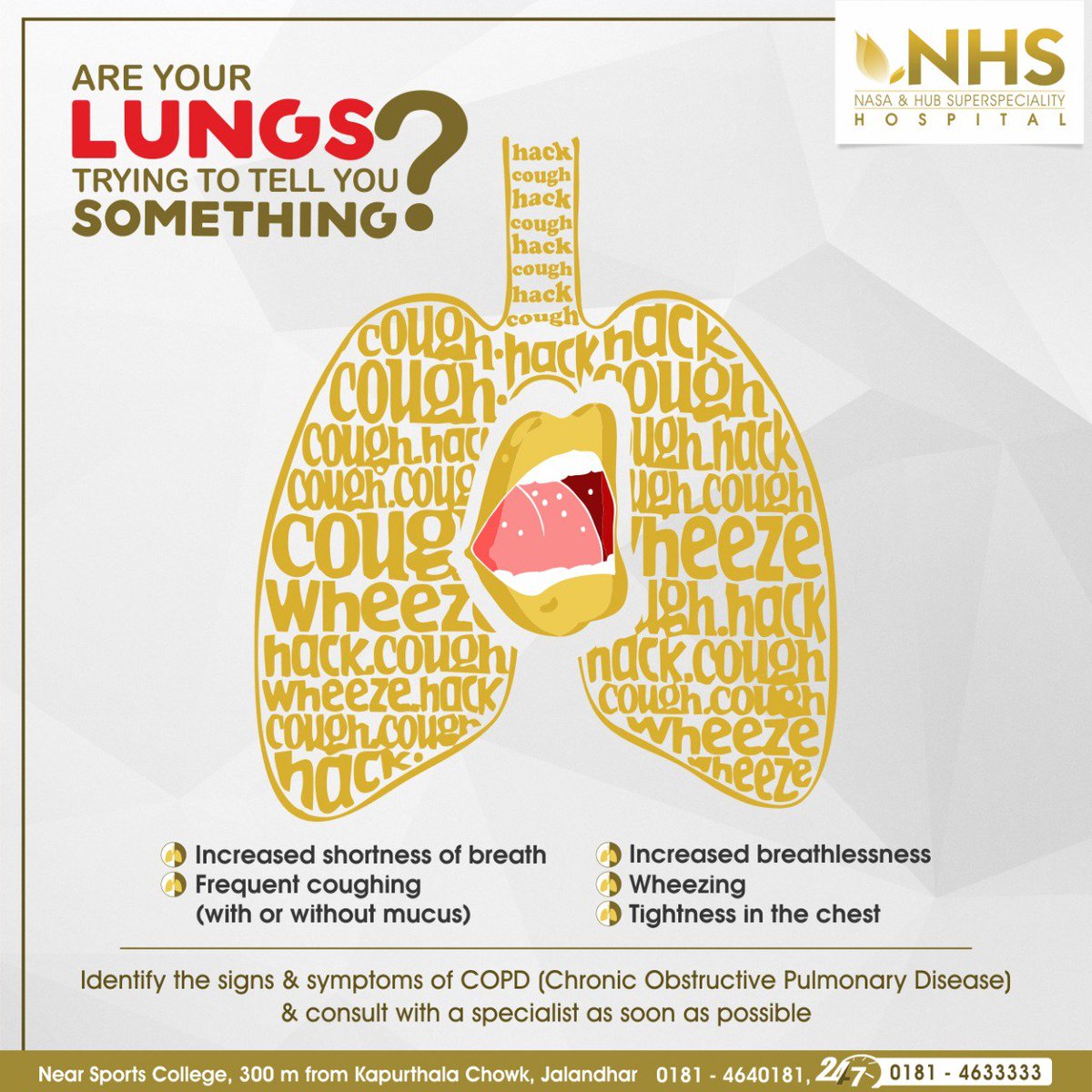 NHSHospital's tweet photo. #COPD refers to a group of lung diseases that block airflow and make it difficult to breathe. At NHS, we try and make you more aware of these conditions and their signs &amp; symptoms, so that you can get diagnosed and treated faster. 

#NHSHospital #Jalandhar #LungDisease #breathe https://t.co/iawdIwYHwP