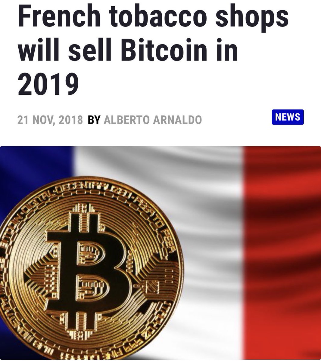 Ausmoz2's tweet photo. 26000 Tabacco Shops licensed to sell Bitcoin from January 2019 #france #europe #free #news #bullish #bitcoin #cryptocurrency #blockchain #bullvsbear #ethereum #btc #eth #crypto #news #cryptonews #cryptotrading #bitcoinmining #bitcoinnews #bitcoincash #crypto https://t.co/tCNdaCAWCx