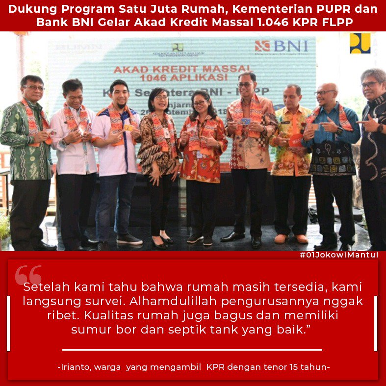 Anakkampungasli's tweet photo. Selamat siang all.
Ini berita menggembirakan.
Bank BNI gelar akad kredit massal 1.046 KPR. Dukung program 1 juta rumah.
@Kania_Sari27 @P3nj3l4j4h @pujangga1123 @purwo82092883 @KoRnHurry @BiLLRaY_ @Nurma79568436 @woelannnn @Sarah_Pndj @shinichikudo991 
@Fsilolongan @CapresGagal https://t.co/LzT5JEa6m1