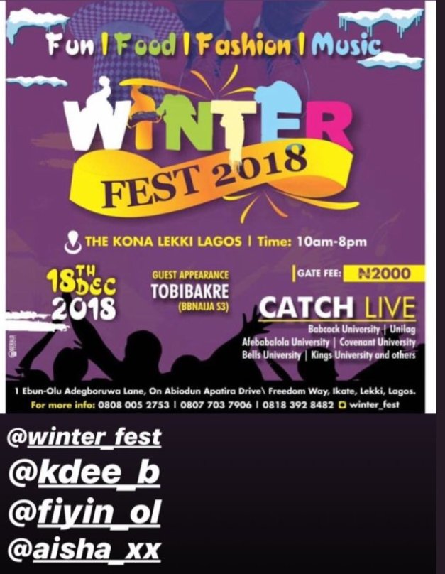 hottestnews_hot's tweet photo. Go have fun and showcase your talent at the #winterfest2018 on 18th of December my fave will def be representing #TobiBakre #camon11launch #Tobination #TeamTobi #Bbnaija
#TheStageGrandFinale #TheSctage2018 #TobihostsTSF2018
#iamdstv #amhustle #TobisExhibition https://t.co/LQsWMHbhk6