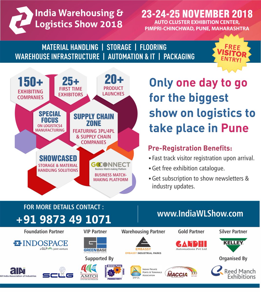 IWLS2018's tweet photo. #IWLS2018 opens tomorrow, Nov 23-25 at Auto Cluster, Exhibition Centre, Pune. Register online &amp; pick free directory at https://t.co/ufDW71PpiL or call 9999686007 for more details. #warehousing #logistics #supplychain #materialhandling #storage #pallets #automations #pune https://t.co/wzwTEafNNG