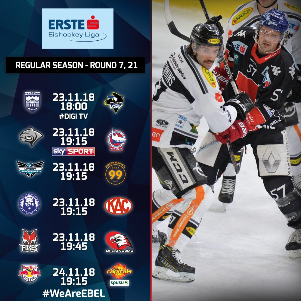 win2dayICE's tweet photo. The last weekend in November will start with five games on Friday, among other matches the first season-meeting between @KHL_MedvescakZG and @EC_KAC is on the #EBELSchedule. #WeAreEBEL. https://t.co/G9gEnARZ9o