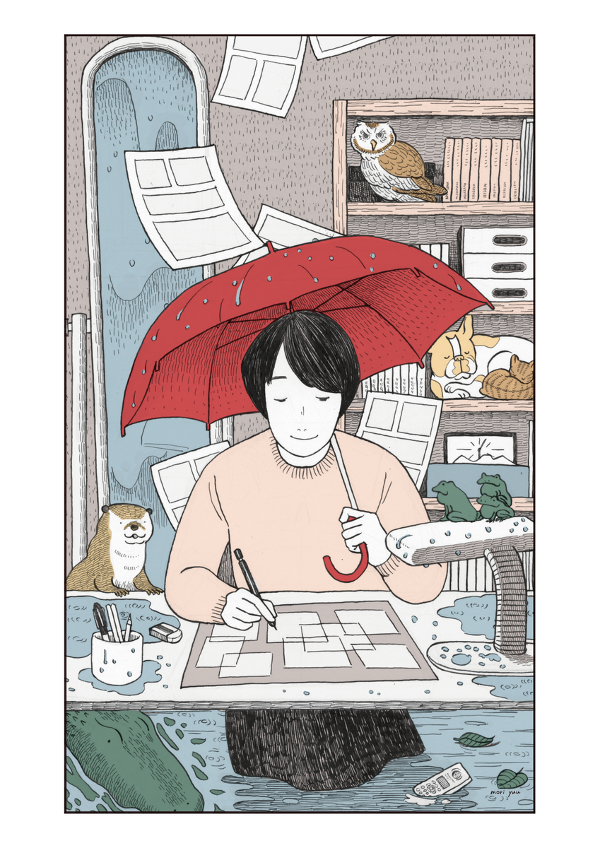 作業中は雨の音をずっと流している
ベストオブ癒しである
部屋の中では、ずっと雨が降っている

そんな絵 