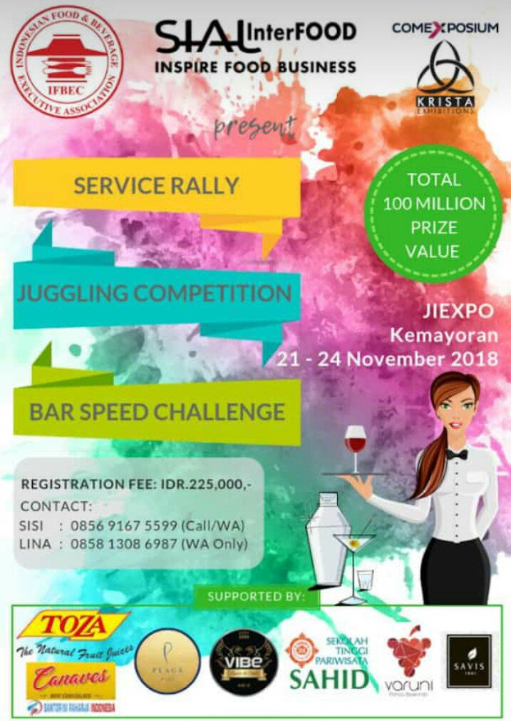 vibe_indonesia's tweet image. SIAL INTERFOOD &amp;amp; IFBEC present

- Service Rally
- Juggling Competition
- Bar Speed Challenge 

21-24 November 2018
JIEXPO Kemayoran - Jakarta

This event supported by VIBE Liqueurs &amp;amp; Spirits 

#IFBEC #event #food #beverage #indonesia #alkohol #festival #barspeed #competition