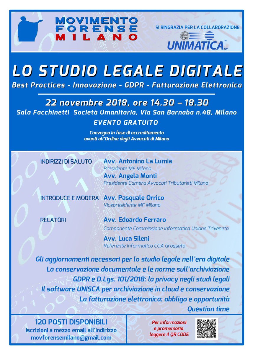 Movforense's tweet photo. Movimento Forense #convegni #Milano 🚨🚨🚨OGGI🚨🚨🚨 dalle ore 14:30 LO STUDIO LEGALE DIGITALE @radiotribunale @MCesali @alalumia @Avv_E_Ferraro @pasqualeorrico https://t.co/VMUeuuzf7X