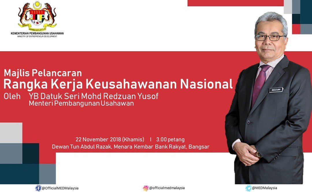 Saksikan secara langsung Majlis Pelancaran Rangka Kerja Keusahawanan Nasional @ National Entrepreneurship Framework (NEF) di facebook rasmi MED Facebook.com/OfficialMEDMal… sebentar lagi.

#MED
#UsahawanMalaysiaBerjaya
#KementerianPembangunanUsahawan