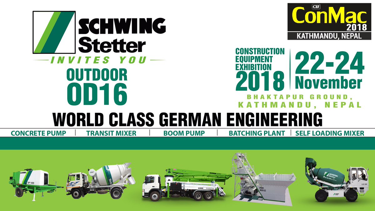 SchwingIndia's tweet photo. SCHWING Stetter welcomes you to #Conmac2018 . Visit us at Outdoor Stall OD 16 to experience the best in world class german engineering. https://t.co/JYlFUhqcri
