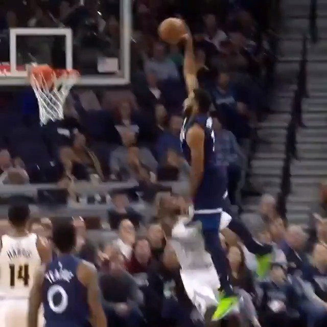 Karl-Anthony Towns climbs the ladder and stuffs it home for tonight's #KiaTopPlay! #AllEyesNorth