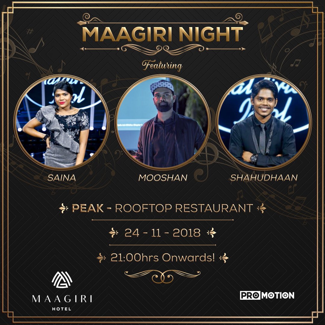So excited yayyy! Come join Mooshan, <a href="/TeamSainaOffcl/">SainaRashydh</a> <a href="/TeamShahudhaan/">Shahudhaan</a> at <a href="/MaagiriHotel/">Maagiri Hotel</a> rooftop this Saturday 24.11.2018, 2100hrs onwards !!! 

Comment to send in your song request or special dedications 🤗😃♥️