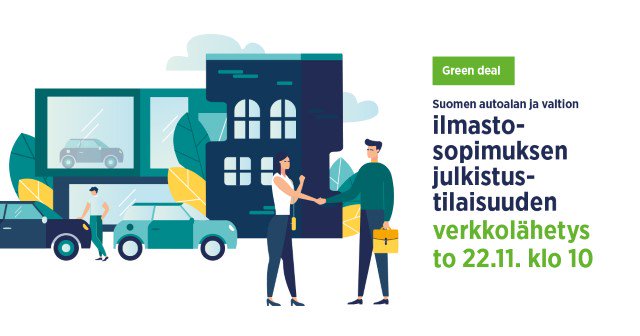 Tiedotustilaisuus vapaaehtoisen ilmastosopimuksen solmimisesta alkaa klo 10! Sopimuksesta kertovat @AnneBerner, <a href="/Tiilikainen/">Kimmo Tiilikainen</a>, <a href="/KittilaRami/">Rami Kittilä</a> Autotuojat ja -teollisuus ry:stä sekä Heikki Häggkvist Autoalan Keskusliitosta.
valtioneuvosto.fi/live
@sitoumus2050 <a href="/Autoala/">AutoalanTiedotus</a> #greendeal