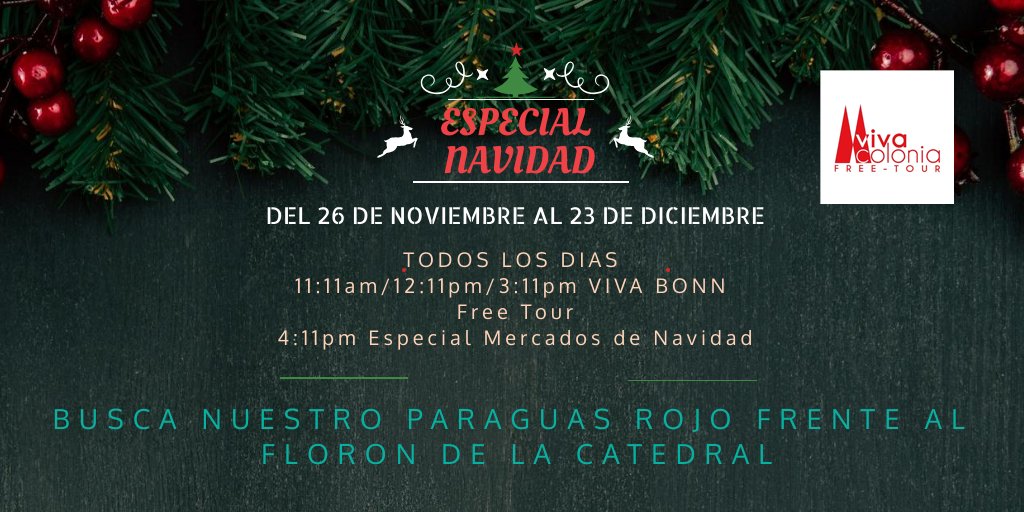 VivaColoniaTour's tweet photo. ¡ESPECIAL NAVIDAD!🎄¡Ven a conocer Colonia y sus mercados de Navidad junto a nosotros! 📆¡Reserva ya! * ¡También ESPECIAL NAVIDAD EN BONN con @vivabonnfreetour! ¡Mira nuestra página! * 📞Whatsapp +49 157 79 822 502 #FreeTourCologne #FreeWalkingTourCologne #FreeWalkCologne https://t.co/VwbNbEvLTA