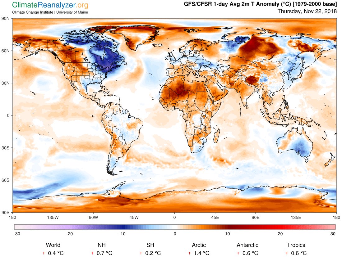 simondonner's tweet photo. The planet is warmer than normal right now (0.4 C above the 1979-2000 average). It just happens to be unseasonably cold in the eastern U.S.

In other words, waking up to frost on Thanksgiving morning doesn't disprove global warming. https://t.co/83SqgeEqoK
