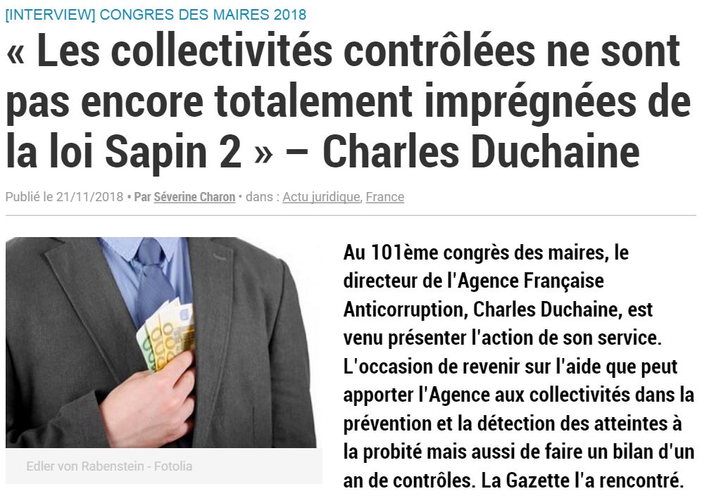 AFA_Gouv's tweet photo. "Les collectivités contrôlées ne sont pas encore totalement imprégnées de la loi Sapin 2" Charles Duchaine à @Lagazettefr. Retrouvez l'intégralité de l'interview du Directeur de l'Agence française #anticorruption ici >> https://t.co/g15F2OVT3G #CongrèsdesMaires #101ECongrèsAMF https://t.co/cT74KwkMAI