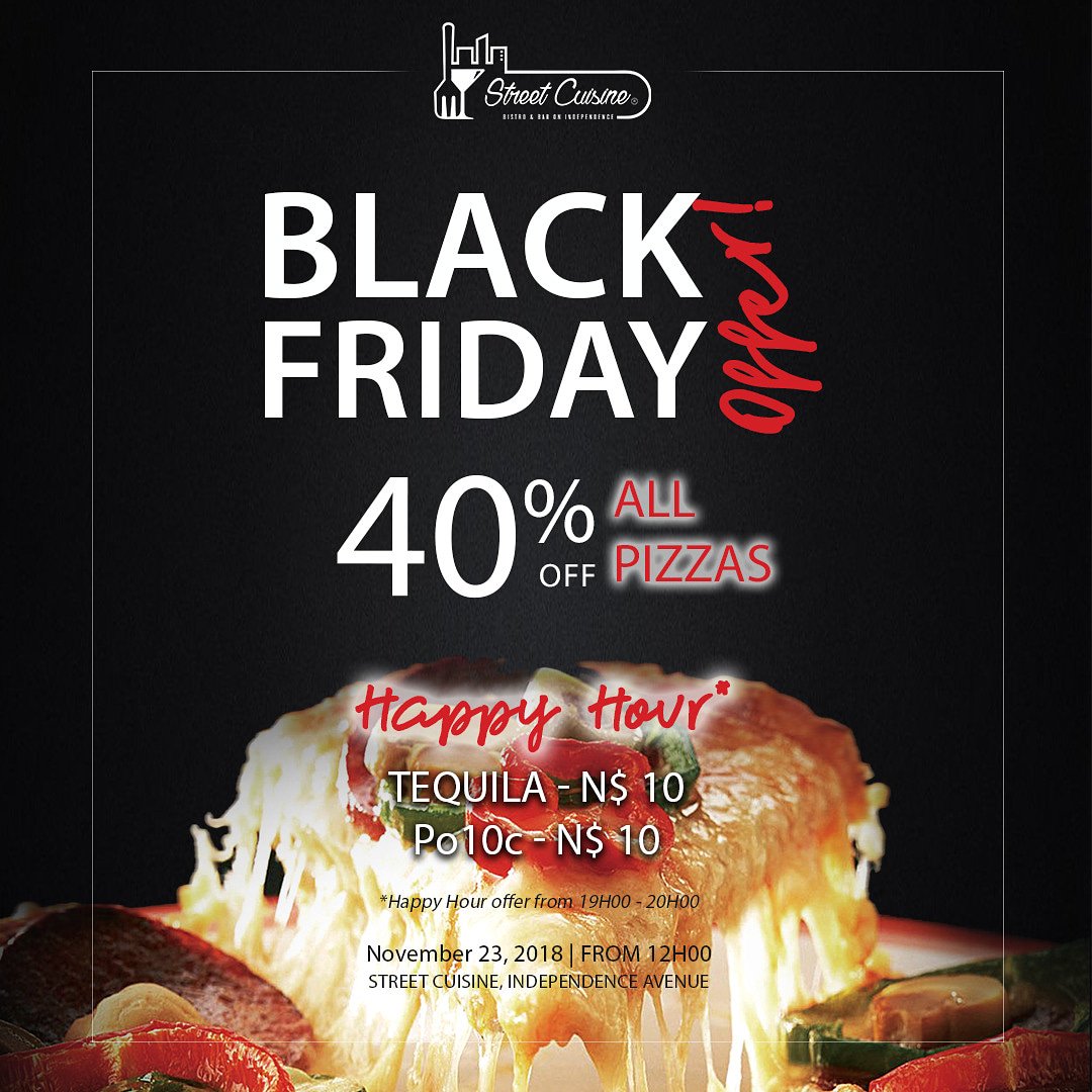 boxxcafe's tweet photo. Stop by Street Cuisine Friday November 23 from 12pm and enjoy 40% off all our Pizzas! We also have a crazy Happy Hour Special from 7pm - 8pm.
Black Friday is upon us!
.
#blackfriday #streetcuisine #piza #happyhour #fridayoffer https://t.co/19viRvPHhL