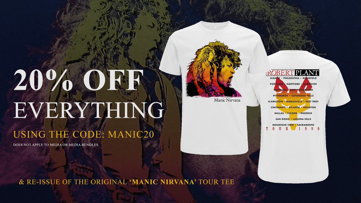 Robert Plant (@RobertPlant) on Twitter photo 2018-11-22 13:05:05 For a limited time only... get 20% off all RP merch with code MANIC20 robertplant.probitymerch.com For a limited time only... get 20% off all RP merch with code MANIC20 robertplant.probitymerch.com