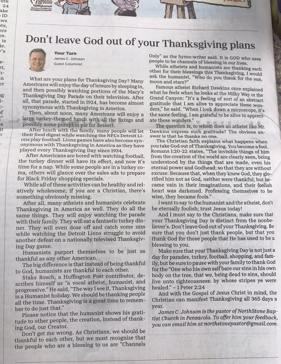 JamesJohnsonSFL's tweet photo. My #Thanksgiving-themed article is in today's Pensacola News Journal. Thank you @pnj!

It's the biggest circulation day of the year due to Black Friday ads. I'm THANKFUL they published it and are delivering this gospel-driven content door to door! Praise God! ~ ❤️ for #Pensacola https://t.co/ca9LkTvyau