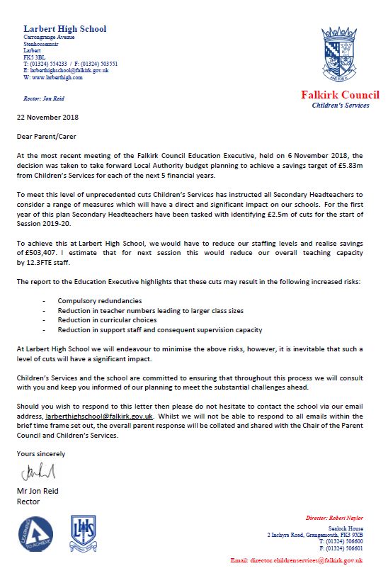 Larbert High School (@larberthigh) on Twitter photo The Rector has sent a letter home today to all parents via email regarding forthcoming budget cuts and what it means for <a href="/LarbertHigh/">Larbert High School</a> - £503,407. The Rector has sent a letter home today to all parents via email regarding forthcoming budget cuts and what it means for <a href="/LarbertHigh/">Larbert High School</a> - £503,407.