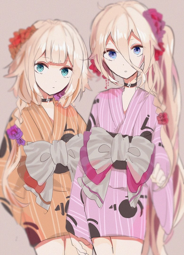 ia (vocaloid) multiple girls 2girls japanese clothes kimono long hair braid orange kimono  illustration images
