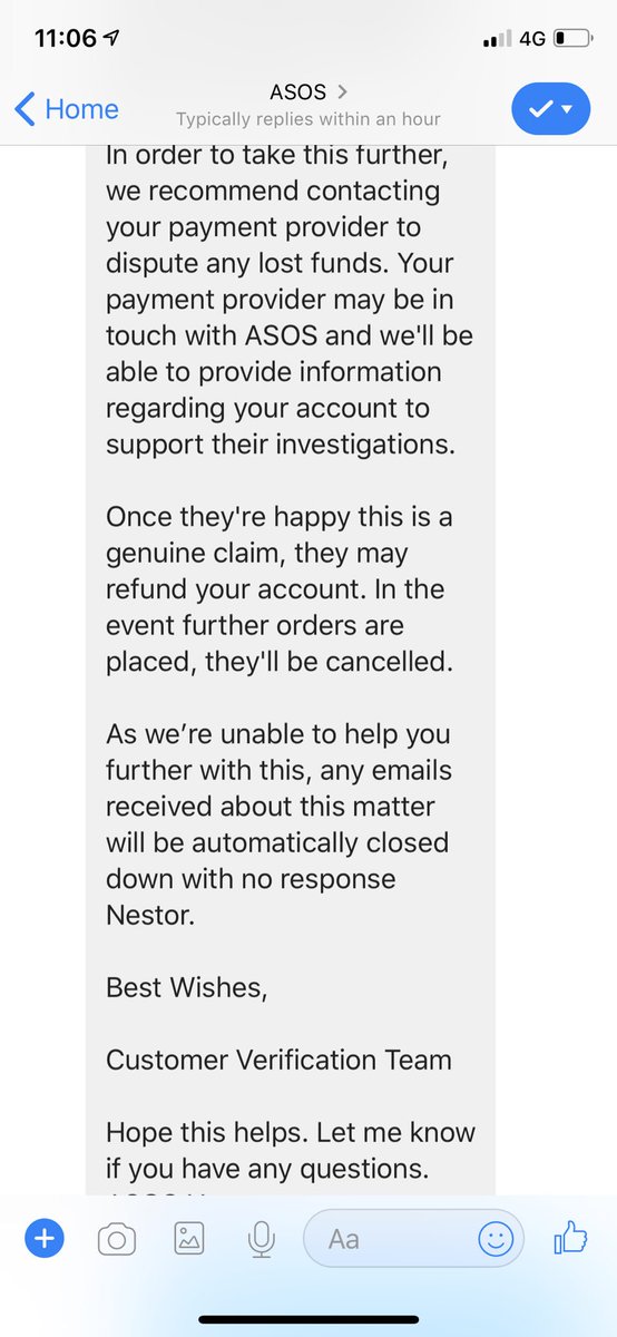 Nsequera7's tweet photo. PSA (Part 2): They will also “automatically close” any further attempts at contact with no response. But I can also let them know if I have any more questions??🤔 @ASOS_Au @ACurrentAffair9 #Scam #ASOS https://t.co/hiCGs7l7Pp