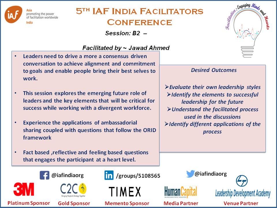 IAFIndiaOrg's tweet image. Session: B2  – Convergent Leadership In A Divergent Workplace

More about the session with @jawadahmed_aj at #iafindia18

#facind #facilitation