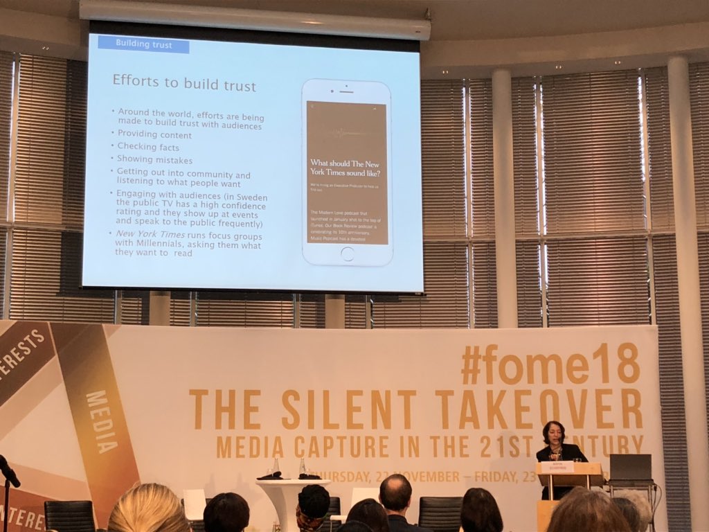 jospang's tweet image. Some “efforts to build trust”, and a “word of caution” citing @emilybell, outlined in keynote by @anyaSIPA. Concluding with an “agenda for fighting capture”. A tour de force kicking off #fome18. 
Details in the photos. #mediadevelopment #mediacapture #mediapluralism