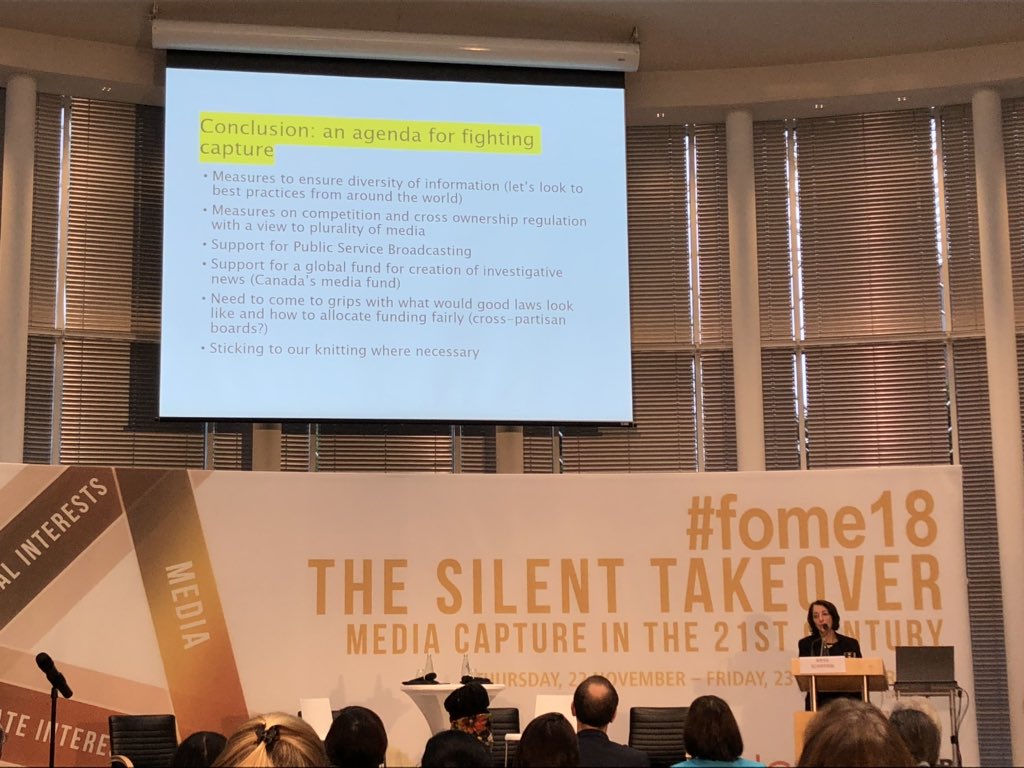 jospang's tweet image. Some “efforts to build trust”, and a “word of caution” citing @emilybell, outlined in keynote by @anyaSIPA. Concluding with an “agenda for fighting capture”. A tour de force kicking off #fome18. 
Details in the photos. #mediadevelopment #mediacapture #mediapluralism