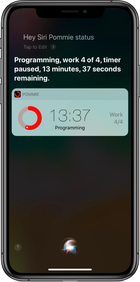 Hacknicity's tweet image. Big update to my Pomodoro timer app Pommie today! Siri shortcuts to control the timer and view its status. Widget-like custom response UI. Customisable response text. Use Apple's Shortcuts app to script Pommie. Works with the Watch app too, of course! hacknicity.com/post/180371702…