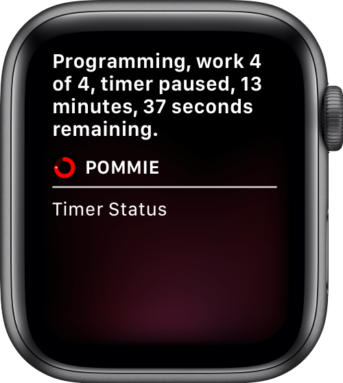 Hacknicity's tweet image. Big update to my Pomodoro timer app Pommie today! Siri shortcuts to control the timer and view its status. Widget-like custom response UI. Customisable response text. Use Apple's Shortcuts app to script Pommie. Works with the Watch app too, of course! hacknicity.com/post/180371702…