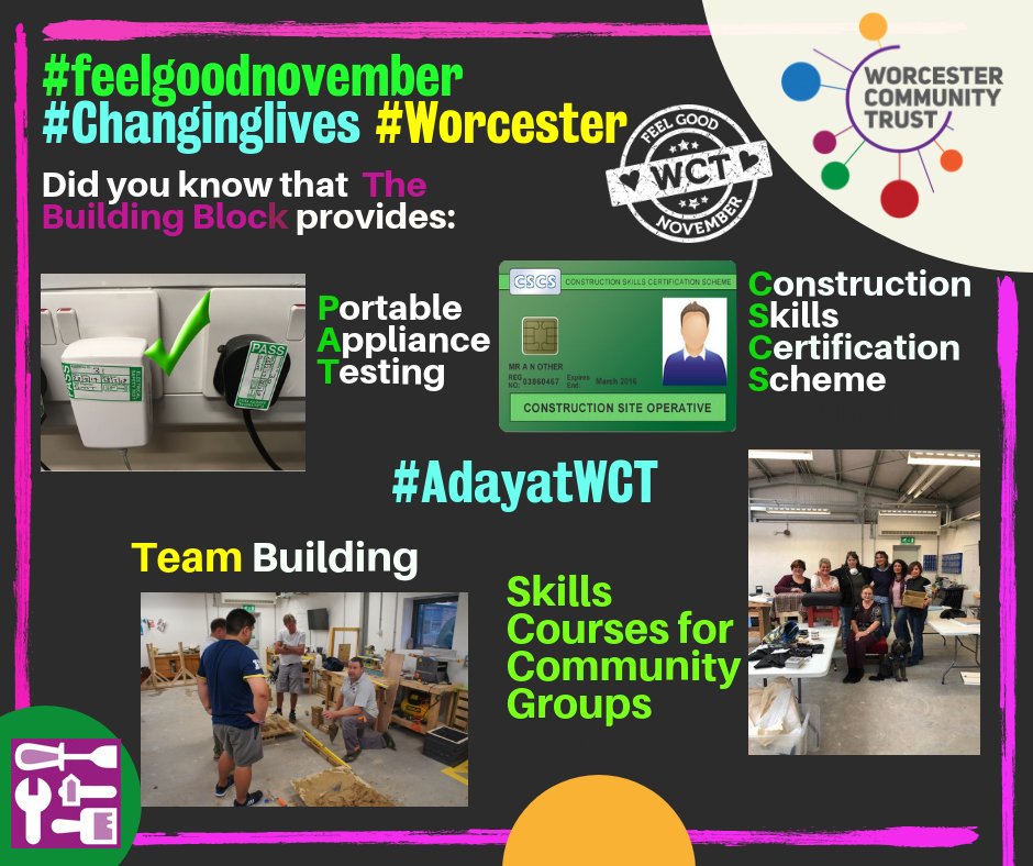 WCTrust's tweet photo. The @BuildBlockWorc in #Worcester is a hive of activity. As well as evening construction skills courses we offer #Teambuilding Days #PATesting #CSCS Training and skills courses for #Community Groups #feelgoodnovember #adayatwct https://t.co/yrIhoVD7PG https://t.co/tqLK1edDf5