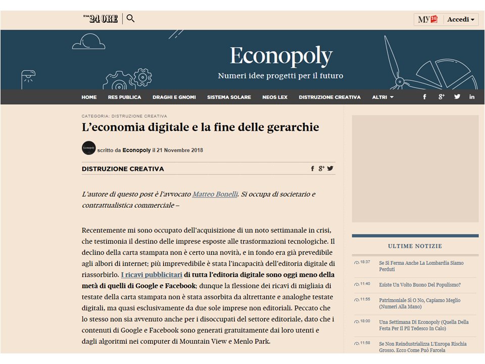 L’economia digitale e la fine delle gerarchie.
Interessante articolo di <a href="/Witizen/">Matteo Bonelli</a> via <a href="/econopoly24/">Econopoly</a> bit.ly/2DzllMh
#DigitalEconomy #innovation #digital #disruption #platformeconomy