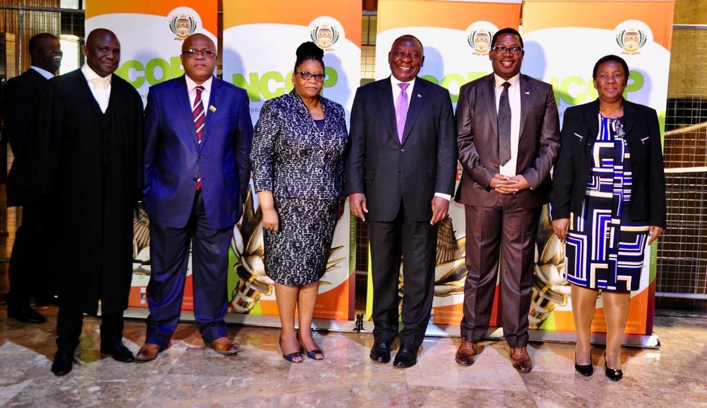 President <a href="/CyrilRamaphosa/">Cyril Ramaphosa 🇿🇦</a> with NCOP Chairperson, Ms Thandi Modise, NCOP Deputy Chairperson, Mr Raseriti Tau &amp; Acting Premier of Gauteng, Mr Panyaza Lesufi at NCOP’s Taking Parliament to the People at the Alberton Civic Centre in Ekurhuleni, Gauteng.