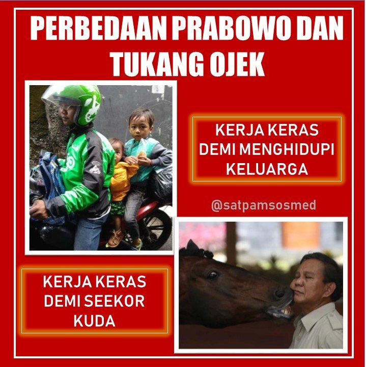 SatpamSosmed's tweet photo. @prabowo memang kuno dgn segala pemikiranya, pendapatan ojek modern kadang lebih besar dr seorang pekerja kantoran, trus dimana salahnya?
Cukup dgn hinaanya, lebih baik bekerja keras demi KELUARGA daripada seekor KUDA
#patroli24jam
#SaveGojek
#SaveOjol
#OjekPahlawanKeluaga https://t.co/UPXqcJwiUl