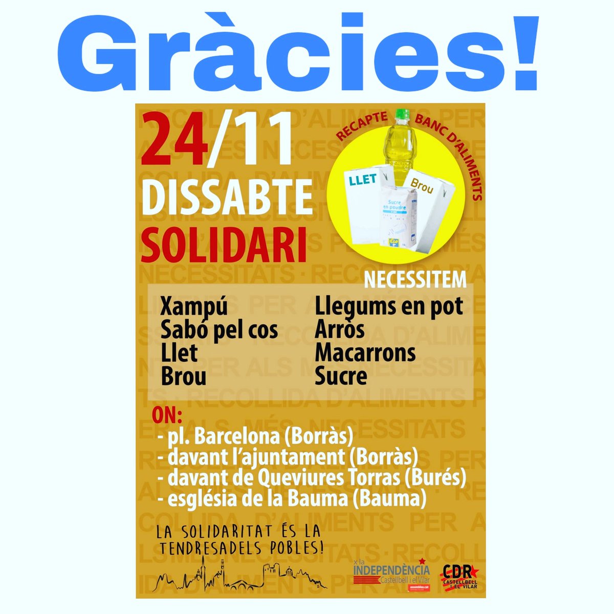 FaineMoises's tweet photo. Aquest cap de setmana "Castellbell Decideix" organitza un recapte d'aliments solidari per contribuir al banc d'aliments de Castellbell i el Vilar, agraïm el gest així com desitgem que ben aviat no sigui necessari que cap dels nostres veïns i veïnes n'hagi de fer ús. Endavant! https://t.co/z6GAaMQwtu