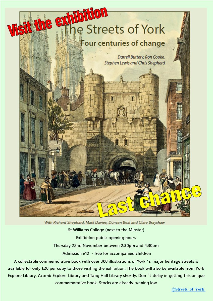 SteveGallowayYk's tweet photo. Last chance to see the @Streets_of_York exhibition. Must end at 4:30pm today. Commemorative book sales will start @Yorkexplore @Acombexplore  &amp; @TangHallExplore shortly. @Yortime @YorkArtGallery @Visityork  @yorkcivictrust @YorkAgainstCanc @NeilYMF  @York_Minster @Minsterfm https://t.co/CeWF7PhDhs