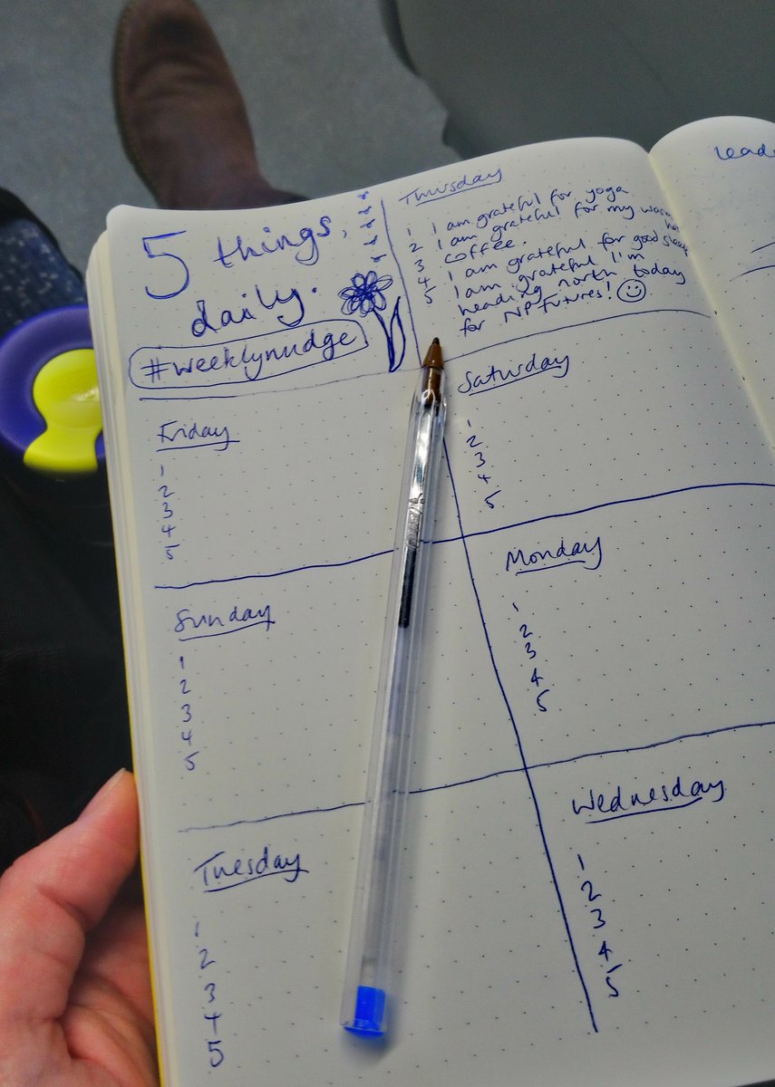 claireead's tweet photo. #weeklynudge: this week it's all about GRATITUDE. I've been practicing this with friends for a year and it is hugely helpful. Write down five things a day you're grateful for. Doing whole sentences is best. Give it a go! (See pic for demo) #NPWSelfCurious #gratitude #Thanksgiving https://t.co/3PEj9uJGBZ