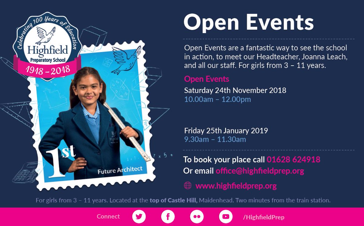 Remember it is our Open Morning this Saturday (24th November) 10am - 12pm. Book your place now by calling: 01628 624918 or emailing: office@highfieldprep.org 
#OpenMorning #HighfieldPrep #SchoolinAction #MyFirstClassEducation #FirstForGirls #GirlsSchool #BerkshireIndependent