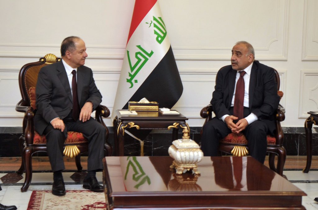 IraqiPMO's tweet photo. رئيس مجلس الوزراء السيد عادل عبد المهدي @AdilAbdAlMahdi يستقبل رئيس الحزب الديمقراطي الكردستاني السيد مسعود بارزاني @masoud_barzani. https://t.co/aRmGgYt2ZE