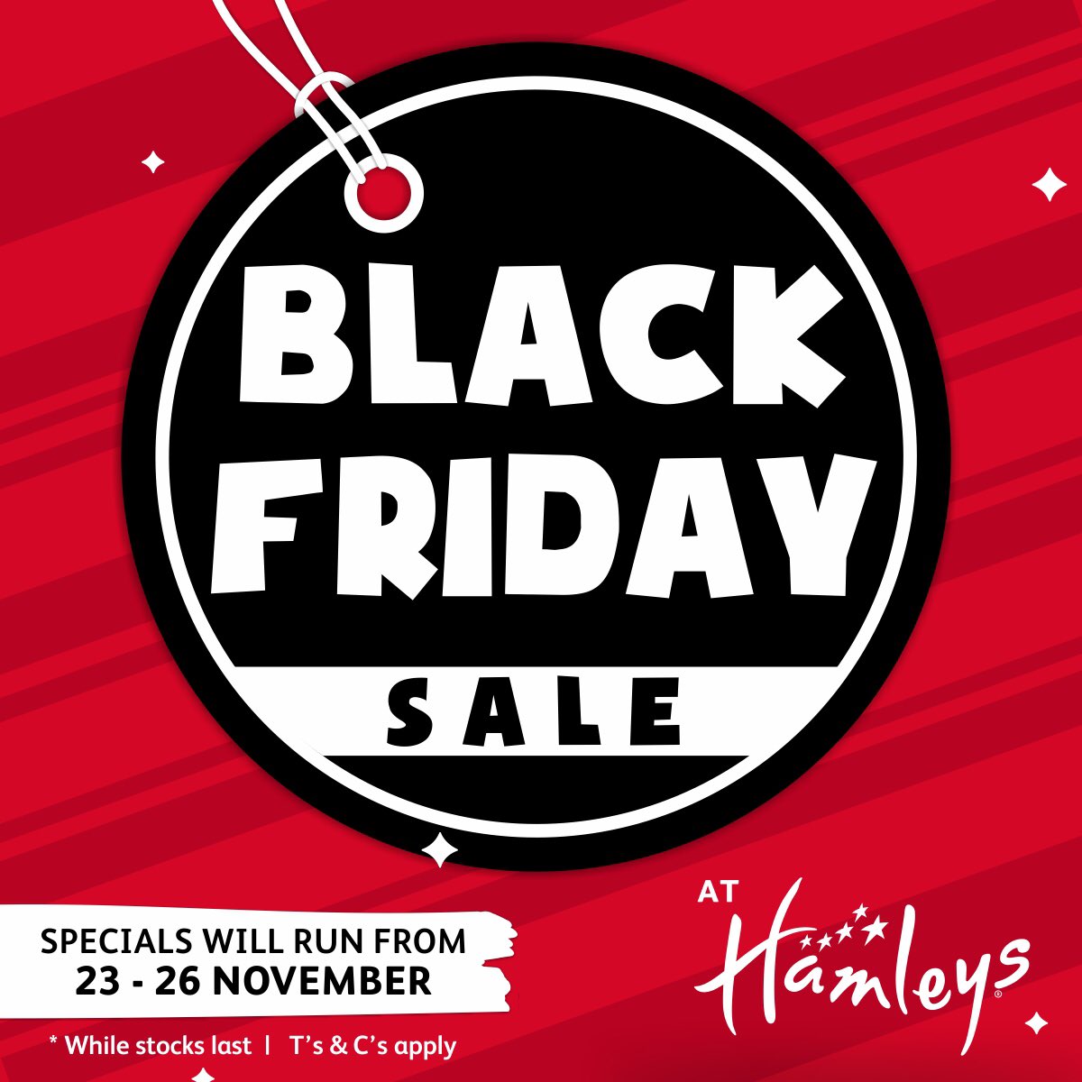 HamleysSA's tweet photo. One day left until #BlackFriday at Hamleys! Half price and more on a wide range of items! Don’t miss out! T&amp;C’s apply. While stocks last https://t.co/T4eHg9eiR2