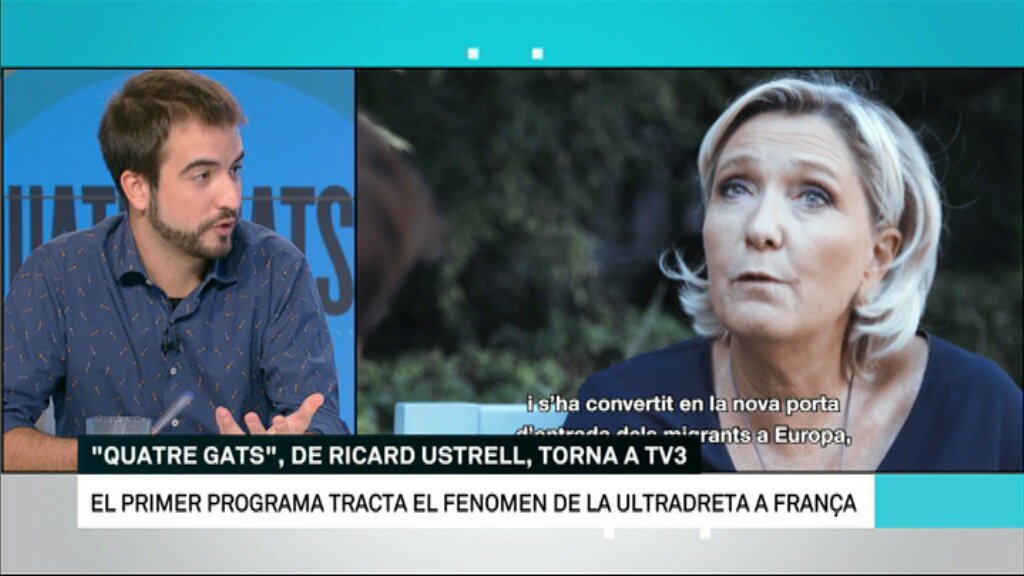 som3cat's tweet photo. ▶ Diumenge arrenca a TV3 la 2a temporada de @quatregatstv3 , amb l'entrevista de @RicardUstrell a Marine Le Pen. A #ElsMatinsTV3, el periodista fa un avanç d'aquest primer reportatge sobre el fenomen de la ultradreta a França 
👉https://t.co/4BGhi0HJa0 https://t.co/cEMrhgNDDj