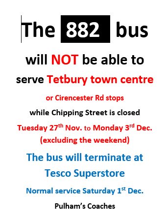 #Tetbury #882  Please see information affecting the service between Tuesday 27 November  to Monday 3 December (excluding Saturday 1st December) <a href="/tetbury/">tetbury</a>  ow.ly/RvNz30mIaqp