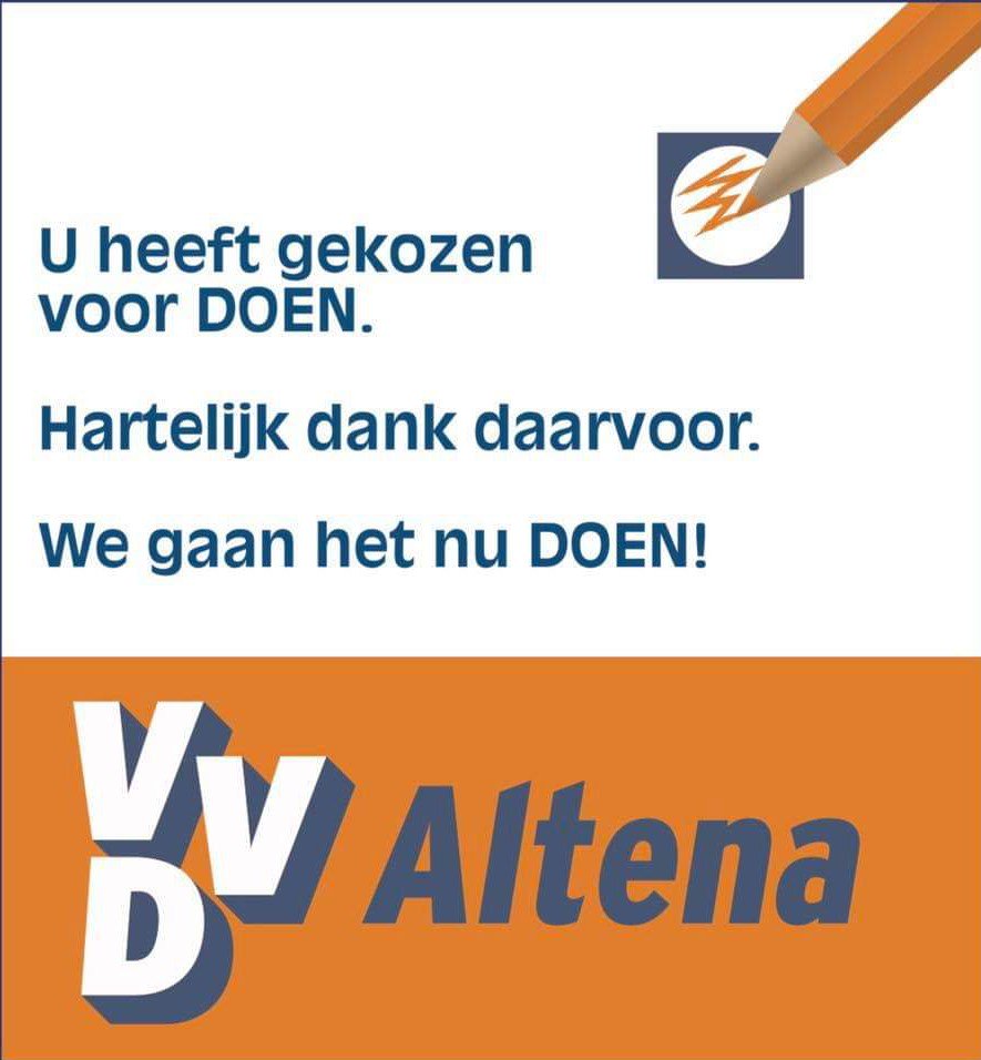Hartelijk dank voor uw vertrouwen en uw stem! VVD Altena gaat met drie doeners de gemeenteraad van @Altena2019 in!