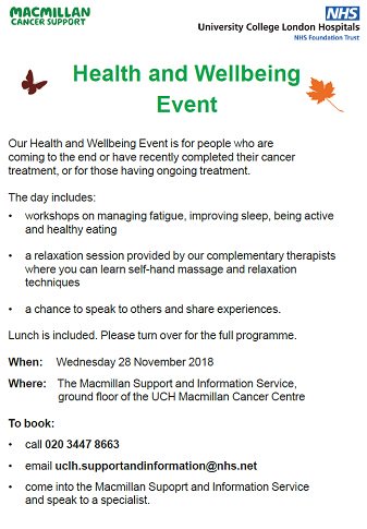 Countdown to our #HealthAndWellbeing event has begun! Join us on Wednesday 28 November, 10.30am to 4pm @uclh @MacmillanLondon