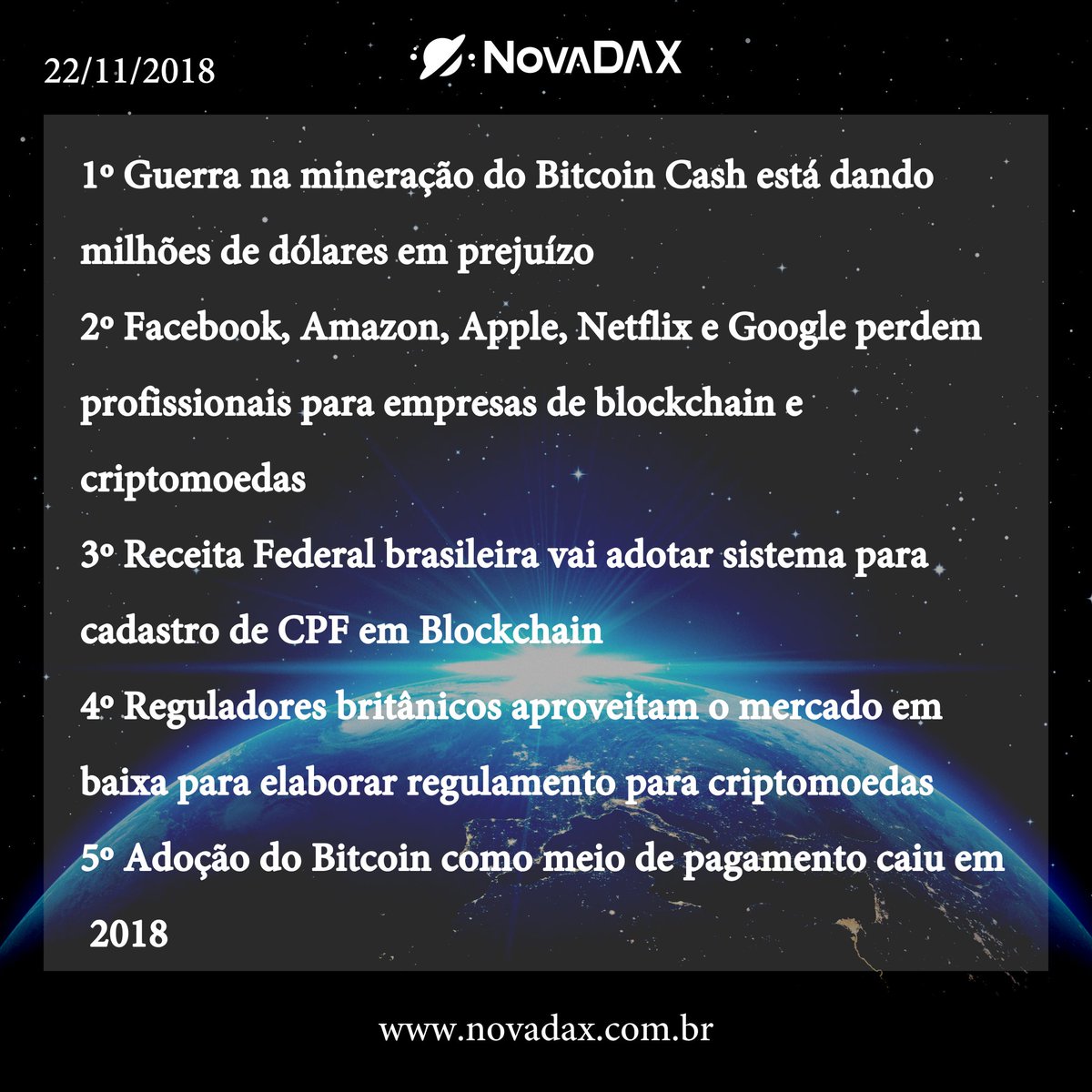 Nova_DAX's tweet photo. #NovaDAXNotíciasCriptomoedas
🌍22/11/2018🌍
Saiba mais informações sobre criptomoedas aqui!

#mercado #bitcoinhoje #blockchain #bitcointrade #criptomoedas #mercadobitcoin #bitcoinhoje #blockchain #bitcointoyou #coinbr #bitvalor #graficos #minaração #XRP #Stellar #LTC #BTC #ETH https://t.co/wwsbRtTWVe