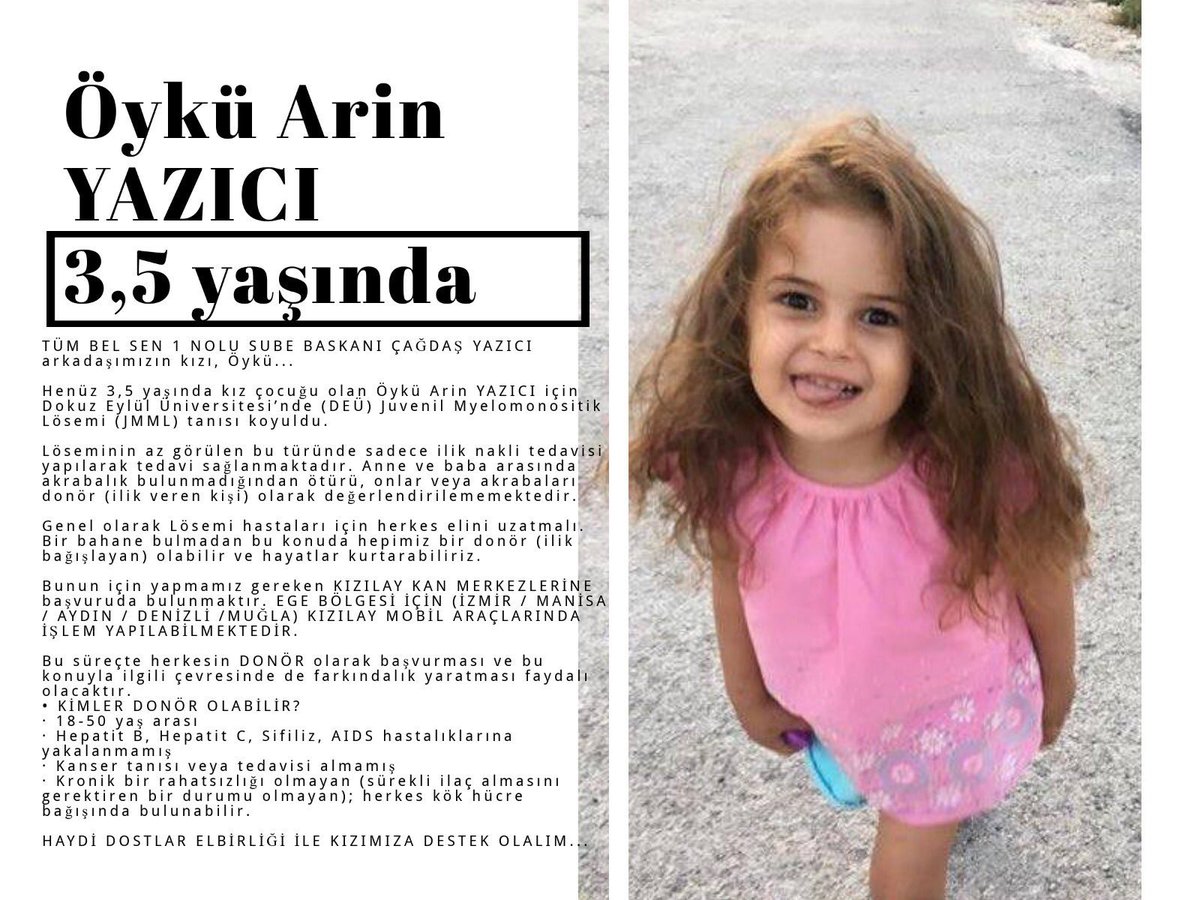 GokhanSavass's tweet image. Dünyalar güzeli 3,5 yaşındaki Öykü Arin Yazıcı’nın nadir görülen Juvenil Myelomonositik Lösemi (JMML) hastalığından dolayı ilik nakline ihtiyacı var. Bu tweeti oldukça çok kişiye yayalım, donör olalım, güzel yavrumuzun hayatını kurtaralım. 

#ÖyküArinYazıcı
#JMML