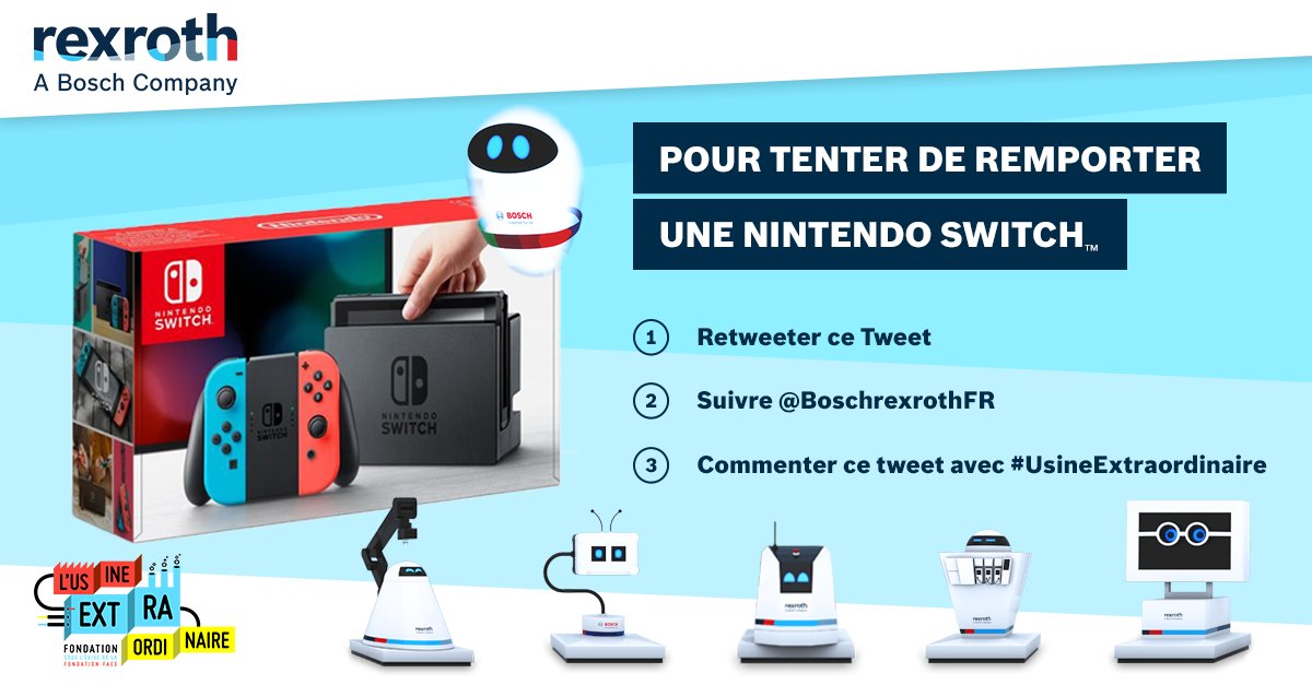 🎁 #Concours 
🏭 A l'occasion de l'#UsineExtraordinaire, Bosch Rexroth vous offre une Nintendo Switch™ !
🎮 Pour participer : 
1️⃣ Retweeter ce tweet
2️⃣ Suivre <a href="/BoschRexrothFR/">Bosch Rexroth France</a>
3️⃣ Commenter ce tweet avec #UsineExtraordinaire
🍀 Tirage au sort lundi 26/11/18