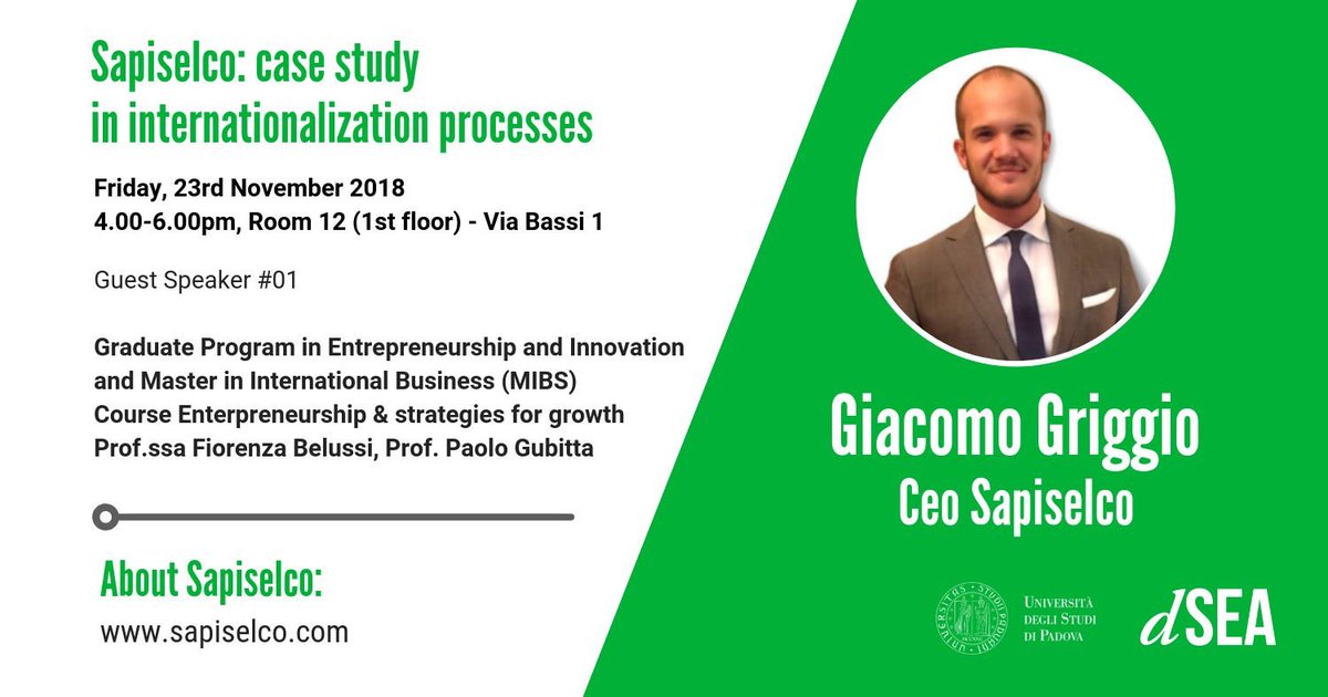 MasterMIBS's tweet photo. On Friday 23/3/2018 our guest speaker will be Giacomo Griggio, CEO of Sapiselco. 
Mr. Griggio lecture will be focused on company SapiSelco: case study in internationalization processes.

#master #mastermibs #sapiselco https://t.co/oF0ImoaeE8