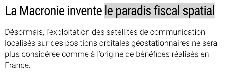 MaximCombes's tweet photo. DINGUE ! 
Pour que @Eutelsat_SA puisse échapper à l'impôt sur les sociétés, le @gouvernementFR de @EmmanuelMacron et sa majorité inventent le 
"paradis fiscal spatial"

par @SoizicBonvarlet pour @Politis_fr et via @emanach 
https://t.co/z6NcGZ1cXK https://t.co/KQFvPZ4bD2