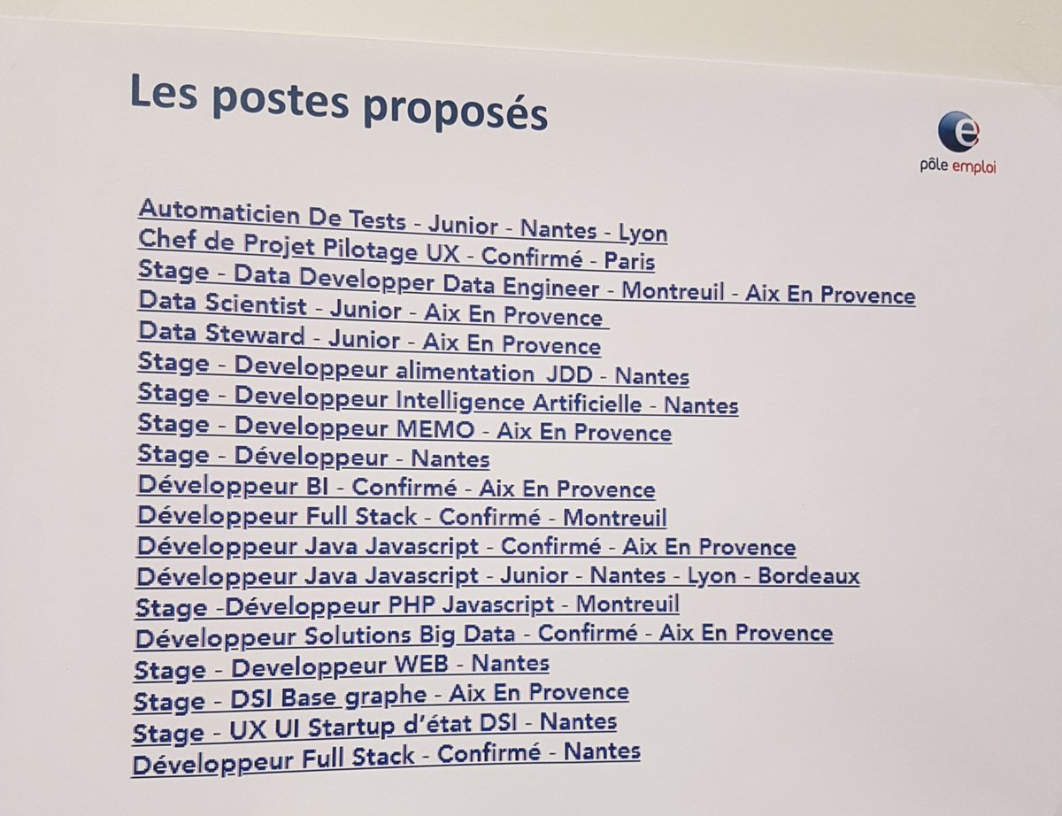 Mel_Gaspar_Pro's tweet photo. 📣 #EMPLOI
Venez rencontrer aujourd'hui les équipes #IA et #data de @pole_emploi au salon #DataJob2018 au @CdLouvre
📌 STAND 57
📌 20 postes à pourvoir dont Chef de projet pilotage #UX F/H
#i4emploi #pleaseRT #job #VersUnMetier https://t.co/V42NLKNVPy
