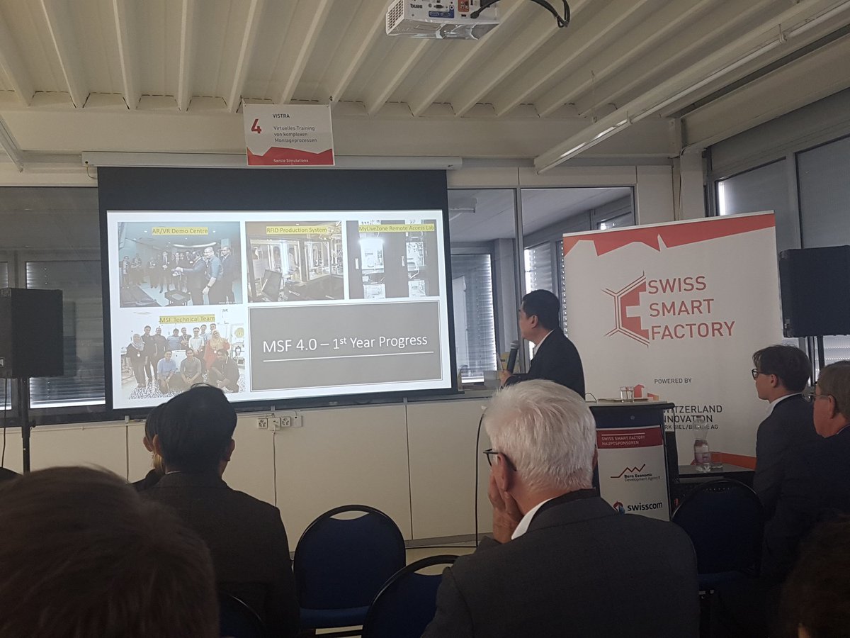 SIP_BielBienne's tweet photo. #SmartFactoryMalaysia explaining their initiative with a strong focus on #training and #education. #ISFS18 taking place today at #SwissSmartFactory #Biel #Switzerland #Industry40 #DigitalTransformation https://t.co/PMO88Bgckr