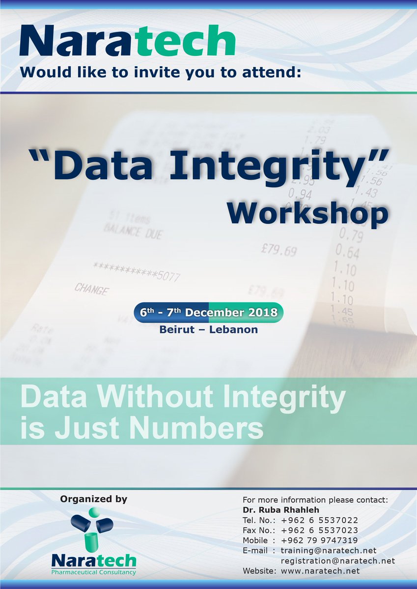 NaRhahleh's tweet image. Upon #Manufacturer &amp;amp; #Drug_Store request, the #Data_Integrity #workshop has been postponed to be held during 6th-7th December 2018